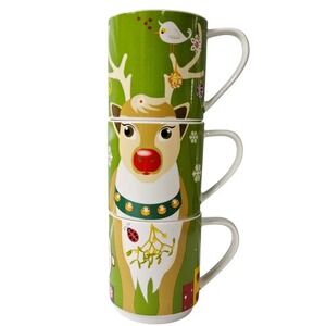 Maxwell Williams Kris Kringle Reindeer Coffee Mugs Set of 3 Christmas Holiday‎